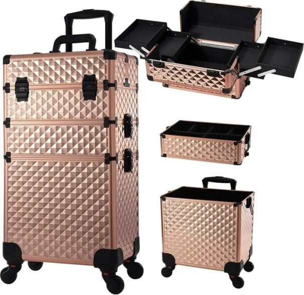 Pojízdný make-up kufřík 3 v 1 na kolečkách 34 x 24 x 41 cm Odnímatelný uzamykatelný kosmetický kufr PVC Profesionální organizér na kosmetiku zlatá