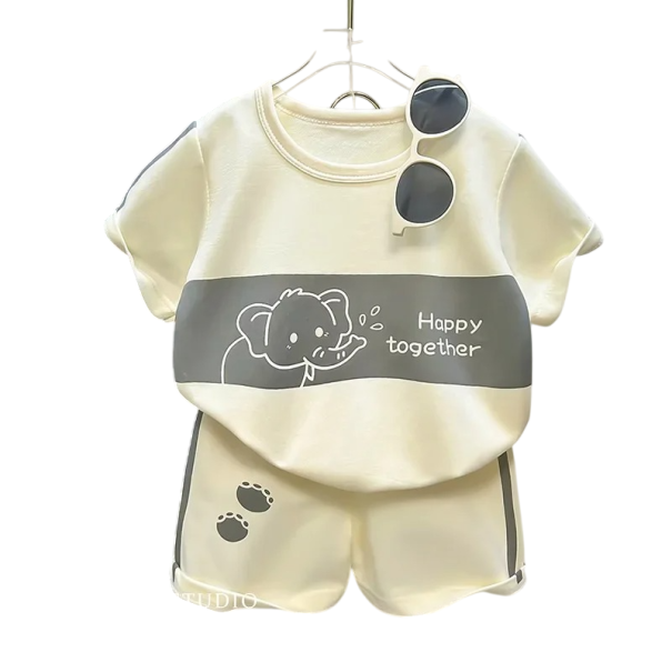 Pojkarnas beige sommarset t-shirt med kort ärm och shorts Elefant Happy Together Tassavtryck Rund hals 9-12 månader