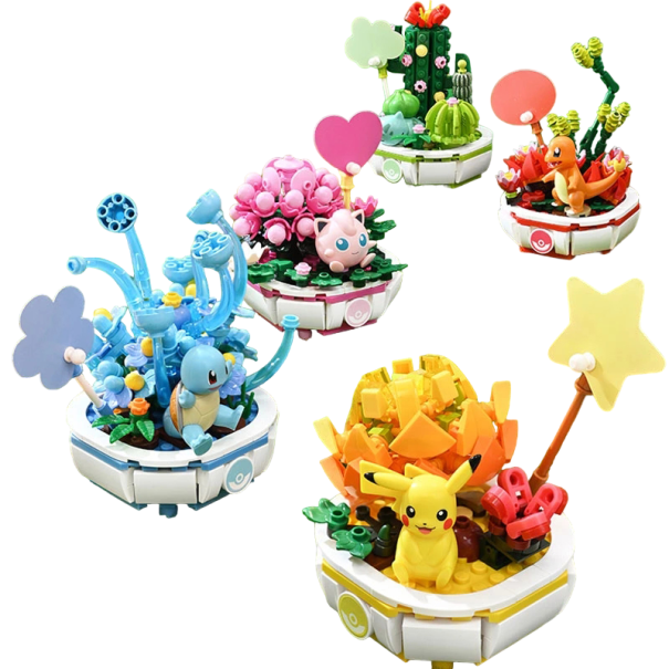 Pokémon építőkészletek virágokkal Pokemon építőkészletek Kreatív lakberendezési tárgyak Pikachu, Charmander, Jigglypuff, Squirtle, Bulbasaur Virág talapzaton Pokemonnal 13 x 9 x 9 cm, 5 db 1