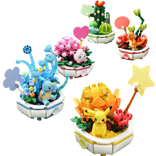 Pokémon-rakennussarja kukilla Pokémon-rakennussarja Luova kodinsisustus Pikachu, Charmander, Jigglypuff, Squirtle, Bulbasaur Kukka jalustalla Pokémoneilla 13 x 9 x 9 cm, 5 kpl 1