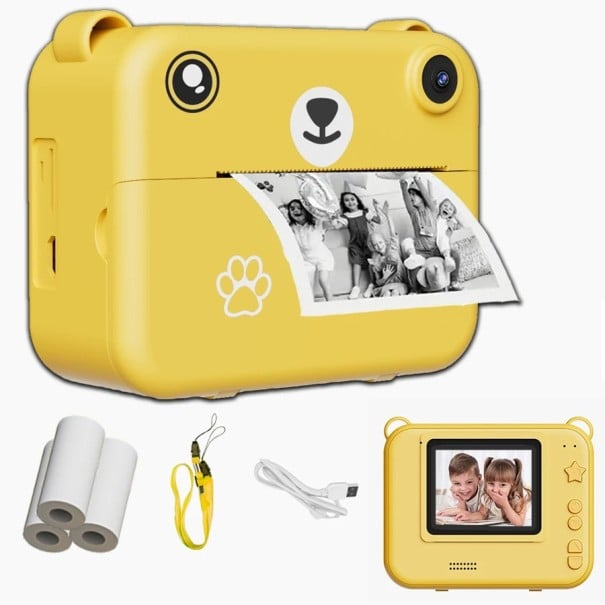 Polaroid pentru copii cu motiv de ursuleț și imprimare instantanee cu ecran LCD de 2,4 inci 9 x 7,4 x 4 cm galben