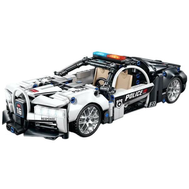 Poliisiurheiluauton rakennussarja 410 osaa Peruutusajo Kantama 10 m Malli 1:18 25 x 10 x 7 cm Telikoista tehdyt autot Nopeus Luova leikki 1