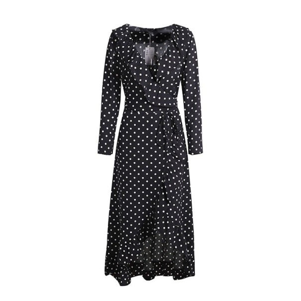 Polka Dot Dress with Long Sleeves - Black S