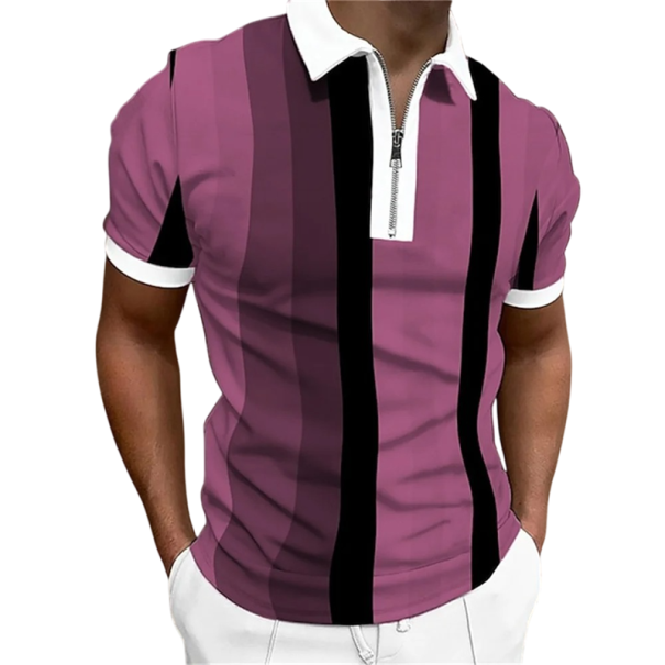 Polo da uomo con zip e scollatura a V con colletto Maniche corte Strisce colorate Poliestere Polo estiva alla moda rosa M