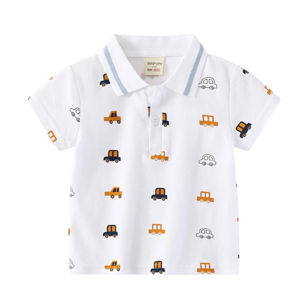 Polo de menino com colarinho e padrão de carros Manga curta Camiseta de algodão com botões até ao meio branco 3