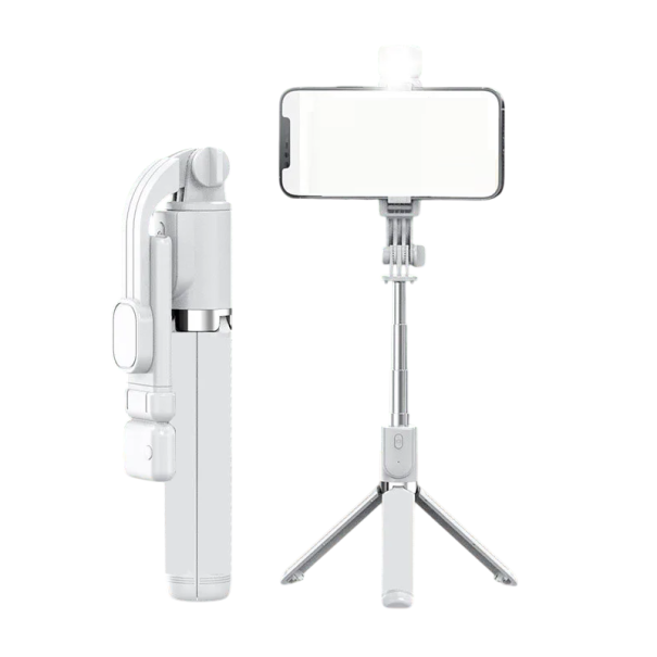 Pólo de selfie Bluetooth portátil com luz e tripé 103 cm Suporte retrátil para telefone 7,2–9,2 cm Controlo remoto iOS Android branco