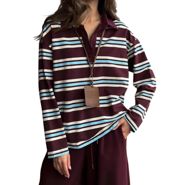 Polo Donna a Maniche Lunghe a Righe con Collo a V e Bottoni in Cotone con Spandex bordeaux S