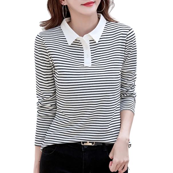 Polo Donna Manica Lunga Collo a V Colletto Bottoni Pruottata Cotone Comoda Elegante Casual Top Estivo Primaverile nero M