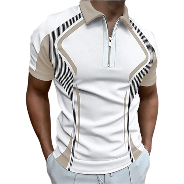 Polo Masculina com Fecho e Decote em V com Gola de Manga Curta Padrão Colorido Poliéster Polo de Verão Estilosa bege L