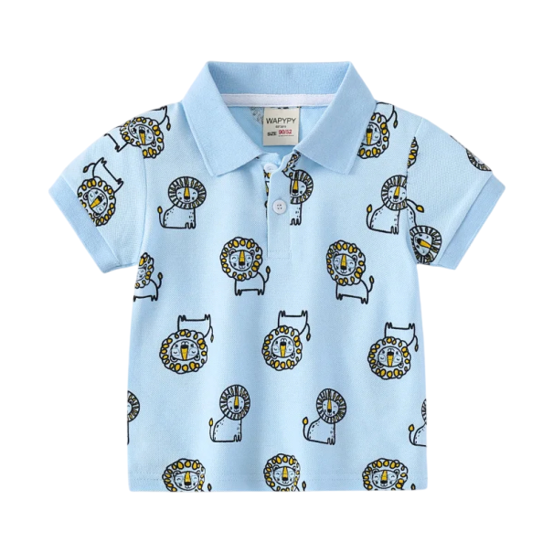 Polo per bambini con colletto e motivo leone a maniche corte Maglietta blu in cotone con bottoni a metà strada Abbigliamento per bambini alla moda 3