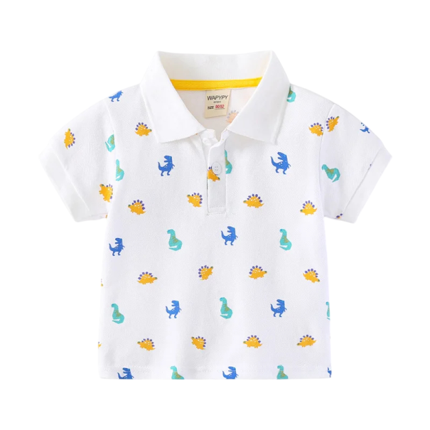 Polokošile infantil de niño con cuello y motivo de dinosaurios de manga corta Camiseta blanca de algodón con botones hasta la mitad Ropa de verano elegante 4