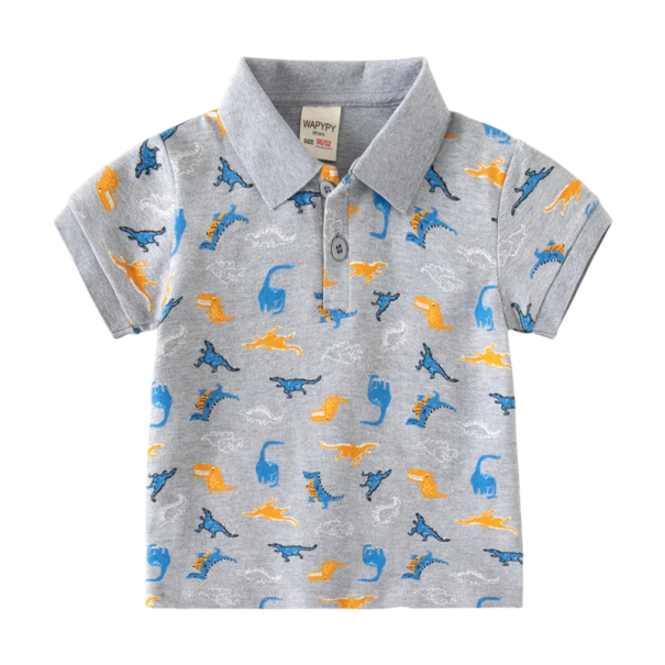 Polokošile infantil para niño con cuello y diseño de dinosaurios Camiseta de algodón gris con botones hasta la mitad Manga corta Ropa cómoda de verano 7