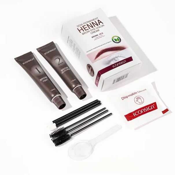 Polopermanentní henna na obočí 2 x 15 ml ve 3 přírodních odstínech s aplikačním příslušenstvím pro salonový vzhled obočí doma hnědá
