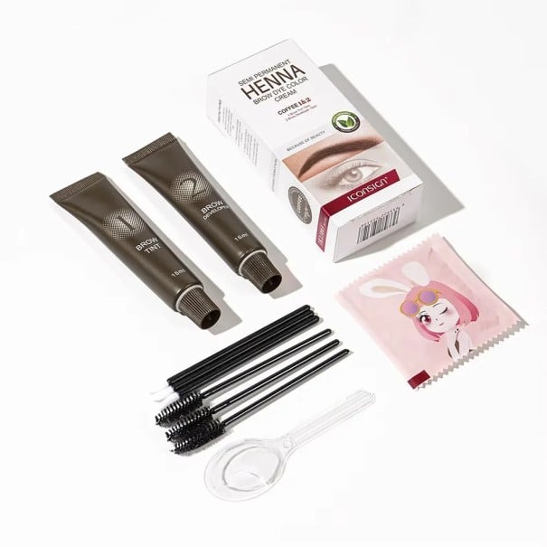 Polopermanentní henna na obočí 2 x 15 ml ve 3 přírodních odstínech s aplikačním příslušenstvím pro salonový vzhled obočí doma kávová