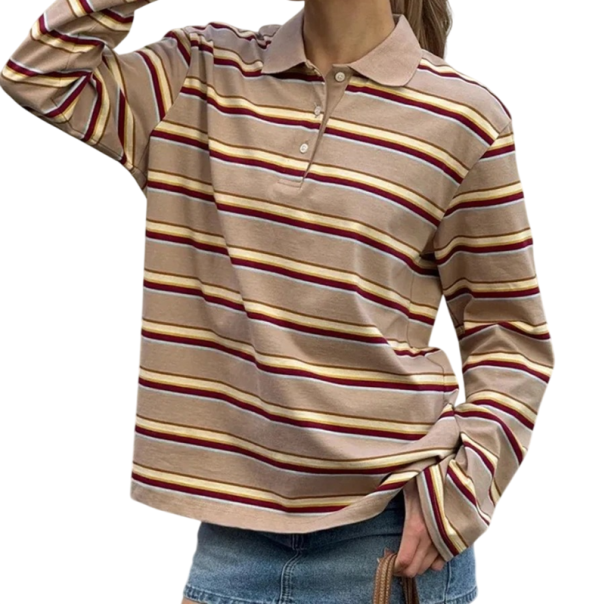 Polos de mujer con manga larga Diseño a rayas Cuello en V con cuello y botones Algodón con spandex beige S