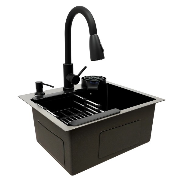 Πολυλειτουργικός κουζινικός νιπτήρας με αναδιπλούμενη βρύση 45 x 40 cm ανοξείδωτος με πλυντήριο ποτηριών, δοχείο για σαπούνι και καλάθι αποστράγγισης μαύρος 1