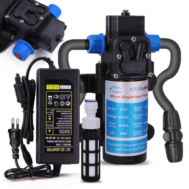 Pompă de apă cu membrană auto-suction 12V 60W priză EU pompă electrică neagră cu funcție de funcționare în gol pentru caravană și sisteme de apă 1
