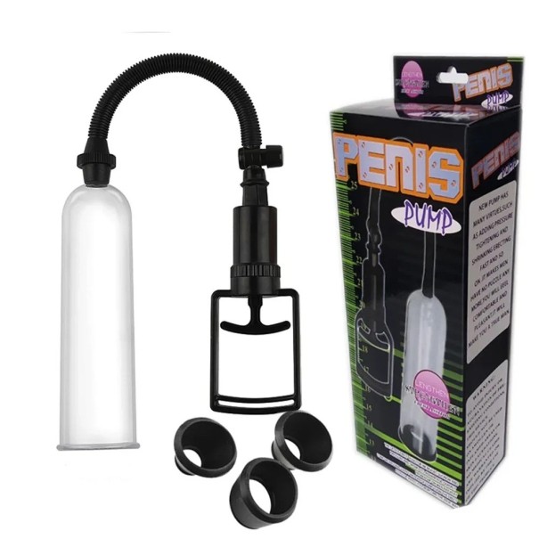 Pompa de vacuum pentru marirea penisului 18,5 cm cu 3 atasamente si maneta de mana pentru stimularea vacuumului si fluxul sanguin, ambalaj discret 1