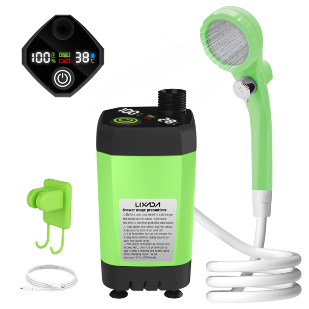 Pompe de douche portable 6000 mAh avec écran numérique USB-C Chargement 2m tuyau Douche de camping Tête en silicone 800 g vert