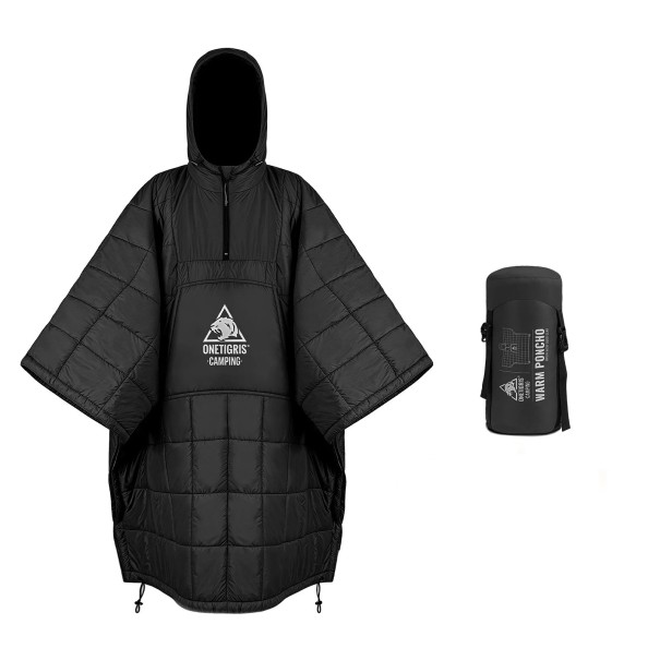 Poncho de campismo multifuncional 215 × 155 cm tecido de nylon com bolsa de compressão leve e dobrável para atividades ao ar livre preto
