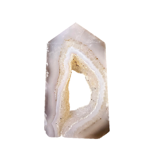 Ponta de geodo de ágata 20–50 g cristal natural branco com centro bege forma irregular para colecionadores e decoração 1