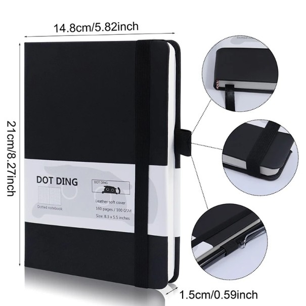 Pontozott jegyzetfüzet 21 x 14,5 cm Pontozott napló kemény borítóval 160 oldal Tervezésre, naplóvezetésre és kreatív írásra alkalmas Rugalmas szalag és tolltartó fekete