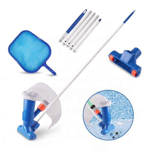 Pool Vacuum Cleaner Set for Cleaning Pools Connection to Garden Hose 5-Piece Pole 140 cm Mesh Bag Blue for Cleaning Pool Bottom 1
