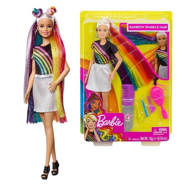 Pop met regenbooghaar 30 cm 1