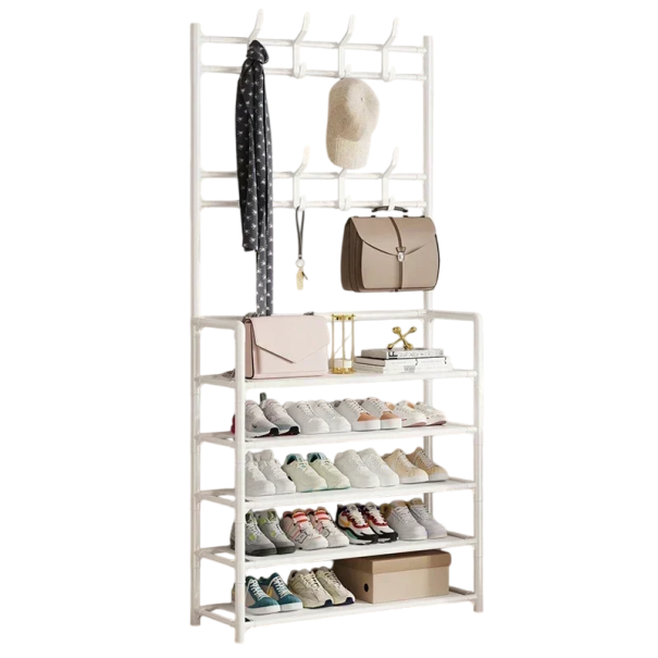 Portabiti a più livelli per vestiti e scarpe con 5 ripiani e 8 ganci, organizer in plastica da pavimento, dimensioni 169 x 60 x 25 cm bianco