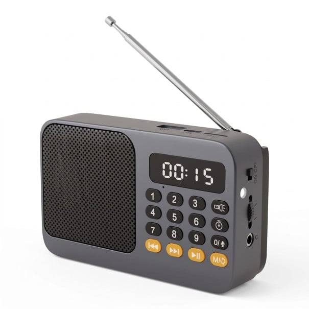 Portable FM Radio 116 x 34 x 71 mm with Bluetooth 5.0 and MP3 Player from microSD and USB with Flashlight and USB-C Charging in Dark Grey 1