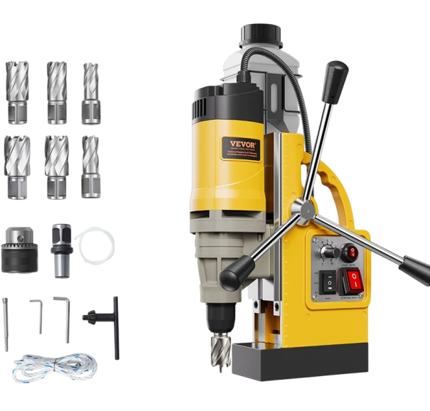 Portable Magnetic Drill 1450W Electric Yellow Black with Magnetic Base and Core Drills for Metal Drilling 1