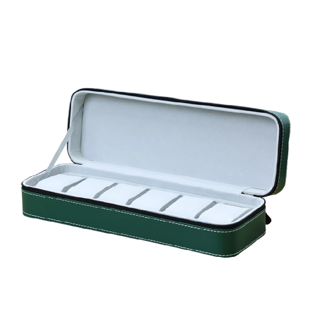 Portable Watch Storage Box with 6 Zip Slots PU Leather with Soft Interior for Storing and Travelling with Watches green