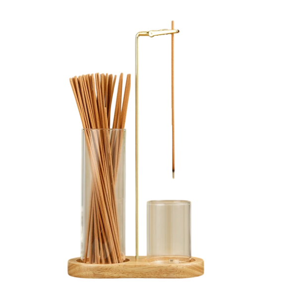 Portacandele 2 in 1 con raccoglitore di vetro per cenere Organizzatore per bastoncini Meditazione Yoga marrone chiaro