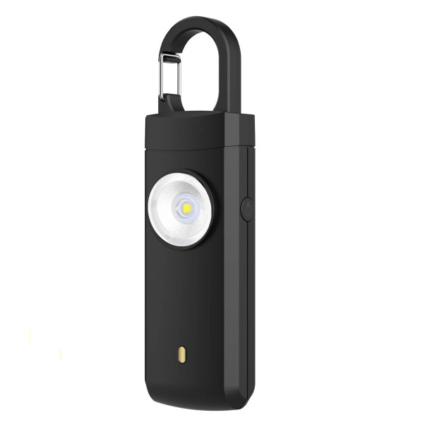 Portachiavi torcia con allarme sonoro 130 dB e luce LED ricaricabile tramite USB-C dimensioni 99 x 29 x 16 mm materiale ABS per la sicurezza nero
