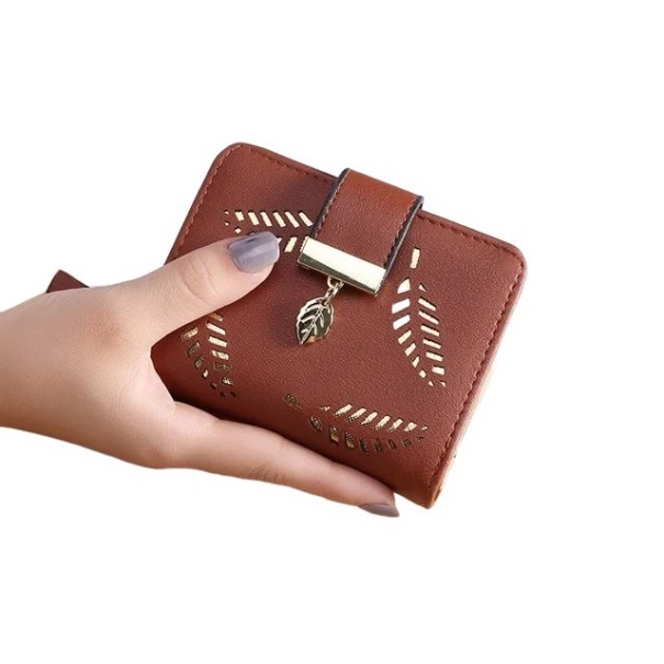 Portafoglio da donna 10 x 3 x 12 cm Pelle sintetica Design multicolore con motivo di foglie dorate Chiusura con zip e fibbia marrone