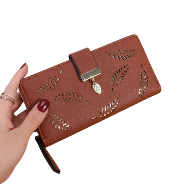 Portafoglio da donna 19 x 3,5 x 9,5 cm Pelle sintetica Multicolore con motivo foglie dorate Chiusura con zip e fibbia marrone