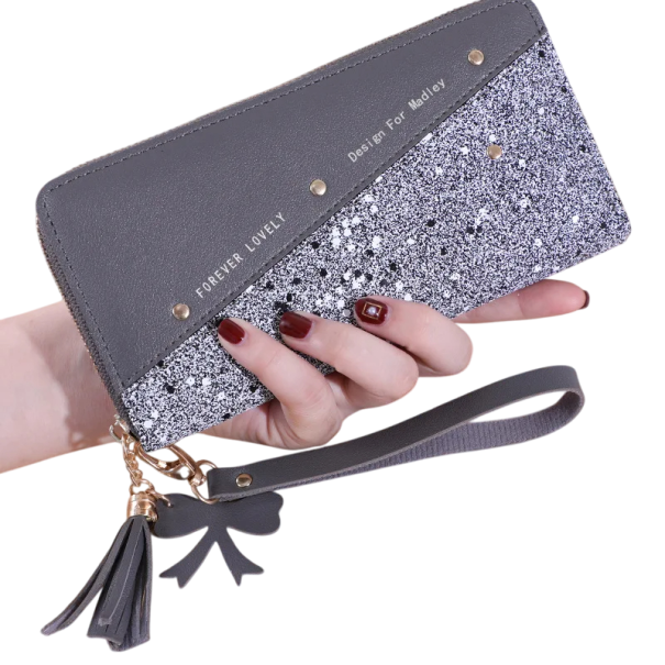 Portafoglio da donna in pelle con motivo di paillettes, pompon per la fortuna e fiocco con zip 19x9x2,5 cm scomparti per carte tasca per monete chiusura sicura grigio