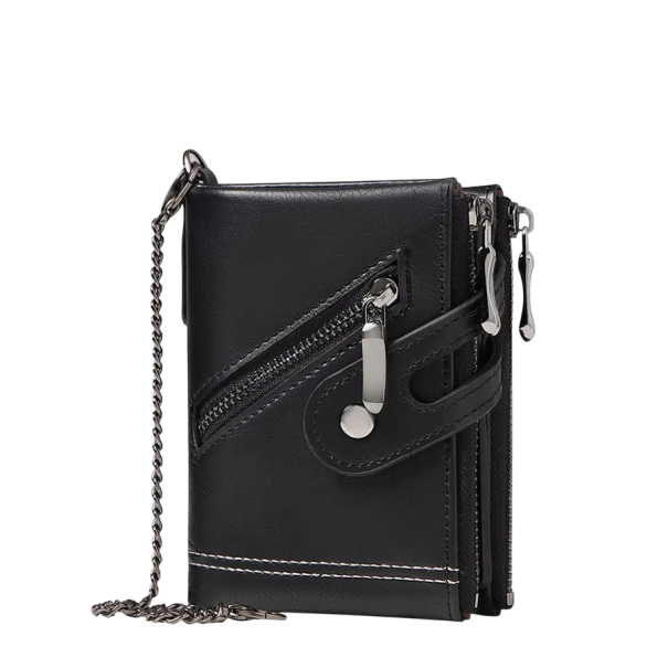 Portafoglio da uomo pieghevole con RFID 12 x 10 x 3 cm Catena Tasche con zip Pelle sintetica Protezione sicura delle carte nero