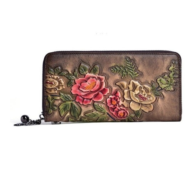 Portafoglio lungo da donna in vera pelle con fiori in rilievo colorati Chiusura con zip attorno Orecchino decorativo 19 x 9,5 x 2,5 cm 2