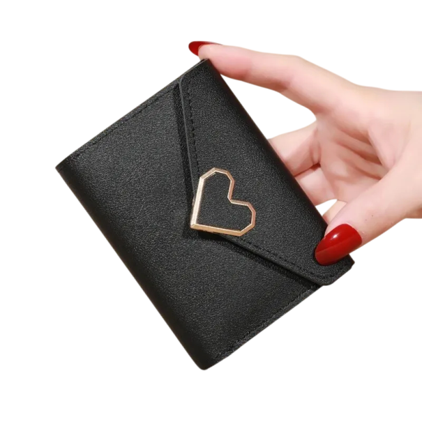 Portafoglio mini da donna pieghevole 9 x 2 x 12 cm Pelle sintetica Vari colori Portafoglio compatto con cuore per carte e monete nero