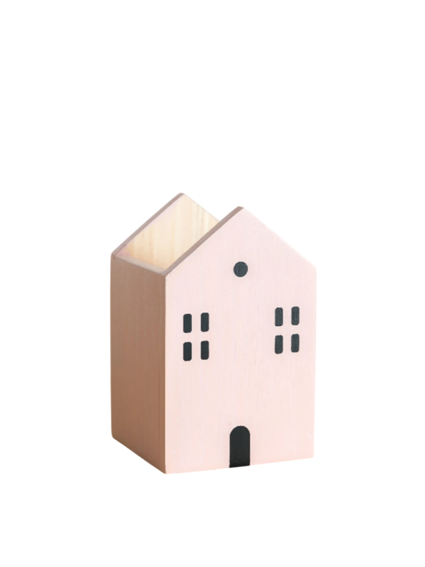 Portapenne in legno 12,5x8x8 cm con disegno di casetta Organizzatore per articoli da scrittura Scatola per pennelli Make-up Ufficio Studente rosa