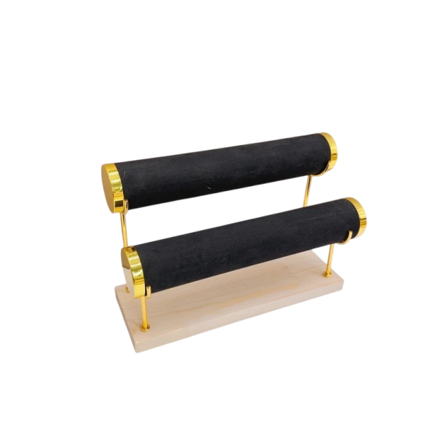 Porte-bijoux à deux niveaux pour bracelets et montres 28 × 18 cm support en bois avec deux cylindres en velours pour exposer des bijoux noir