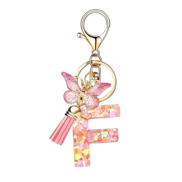 Porte-clés avec lettre et papillon 55 mm Pendentif en résine pour porte-clés Décoration pour sac à main Sac à dos Cadeau F