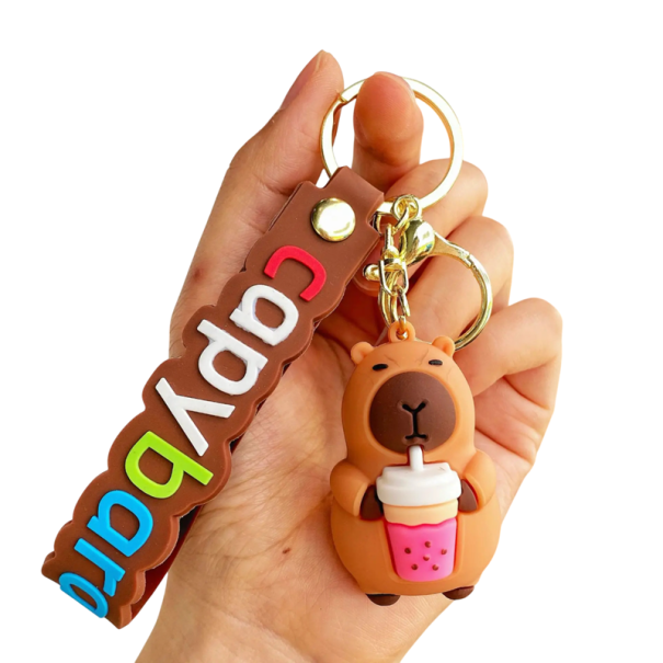Porte-clés Capybara avec boisson Pendentif mignon pour clés et sac à dos Design original en résine avec mousqueton en métal 1