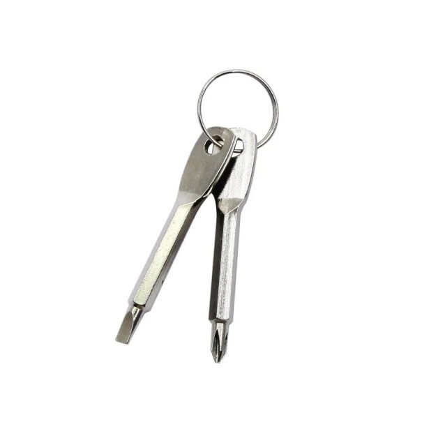 Porte-clés en métal avec un ensemble de 2 mini tournevis plat et cruciforme avec un anneau pour suspendre pour de petites réparations et un usage quotidien gris