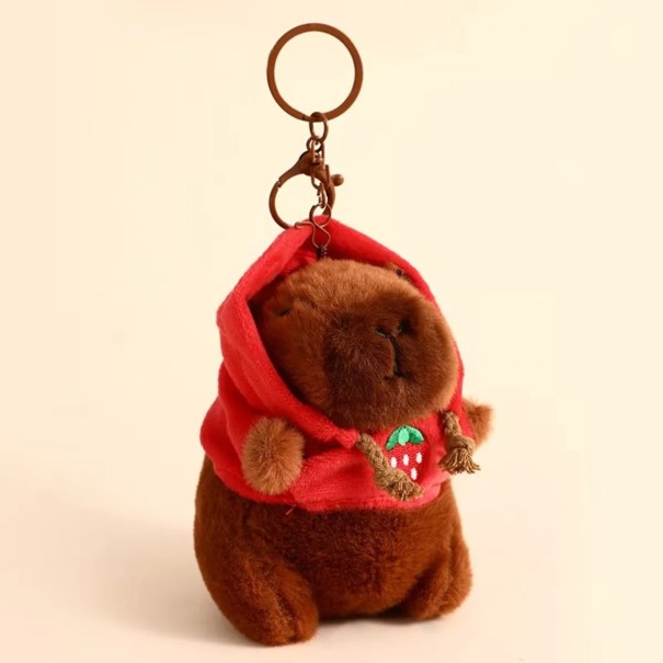 Porte-clés en peluche de capybara pour sac à dos ou sac à main Talisman doux et mignon en peluche avec capuche Accessoire cadeau pour les amoureux des animaux rouge