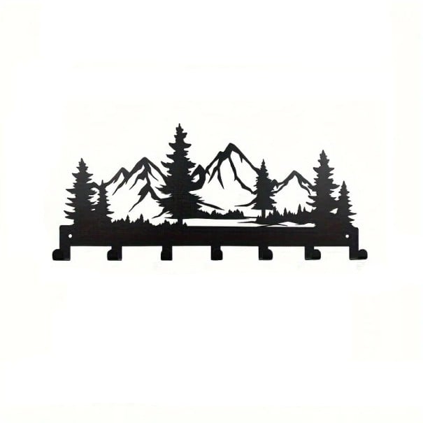 Porte-clés mural en métal avec motif de montagnes et crochets 25x12,5 cm finition noire pour suspendre les clés dans l'entrée 1