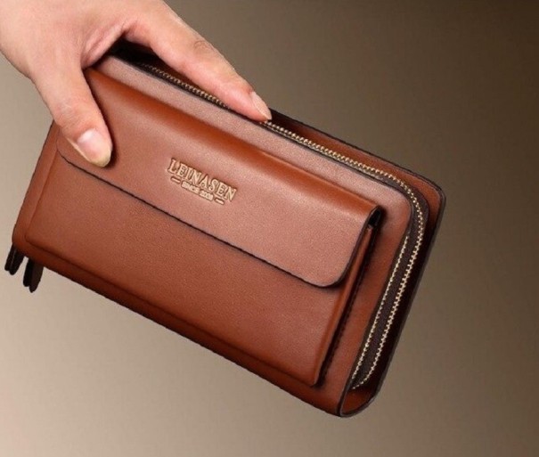 Portefeuille en cuir double pour homme M589 marron