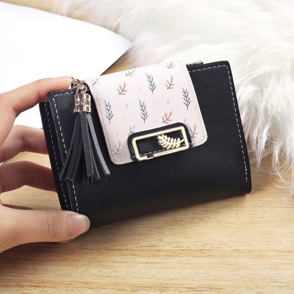 Portefeuille en cuir pour femme avec pompon M299 noir