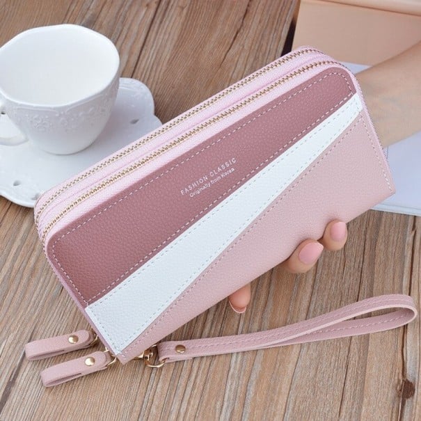 Portefeuille long pour femme à deux zips avec rayures diagonales colorées Lanière pour le poignet en cuir PU et polyester 19,5 x 9,5 x 4 cm rose